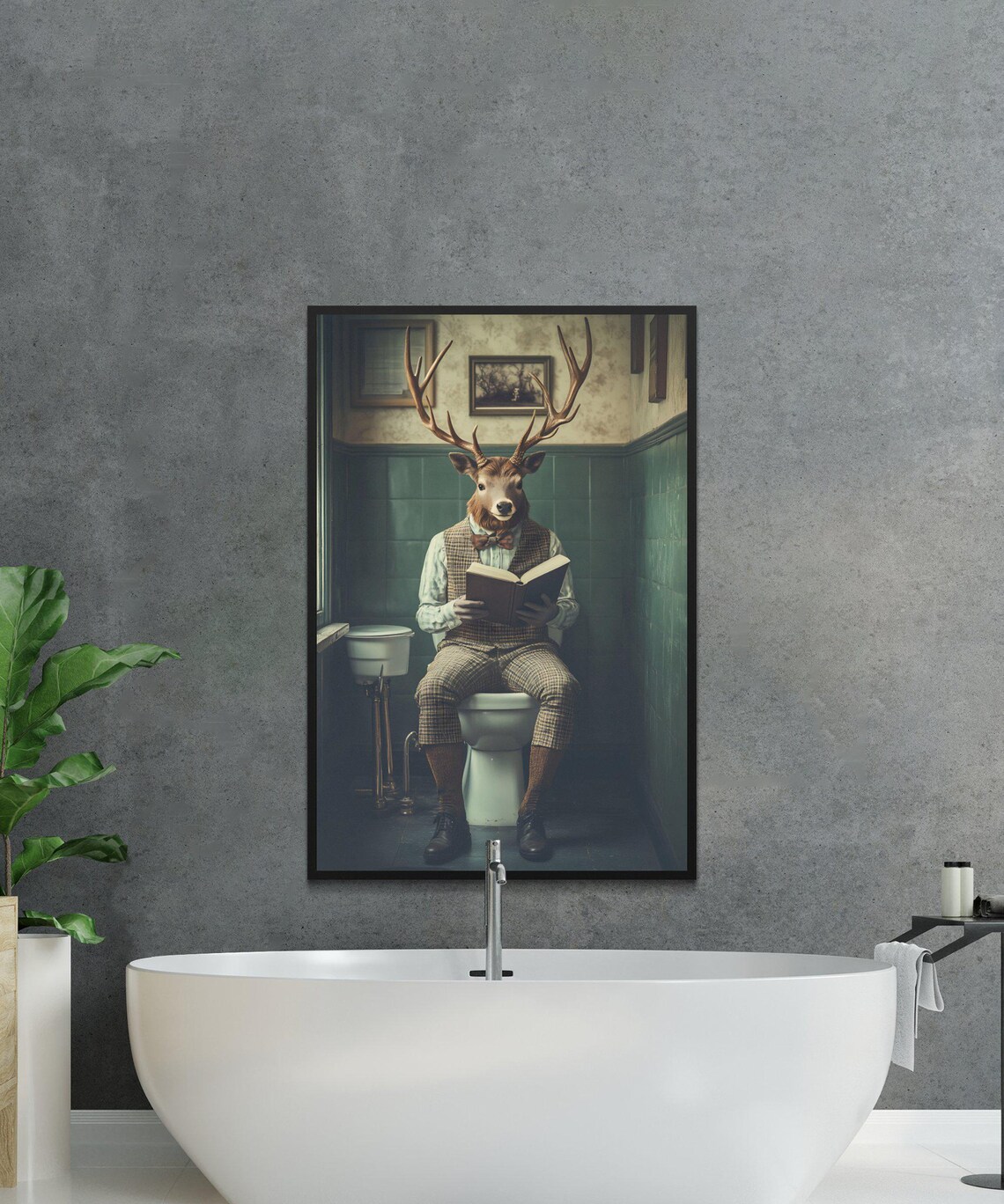 Gentleman Stag Deer in a Tweed Suit Reading on the Toilet Poster - Image 2