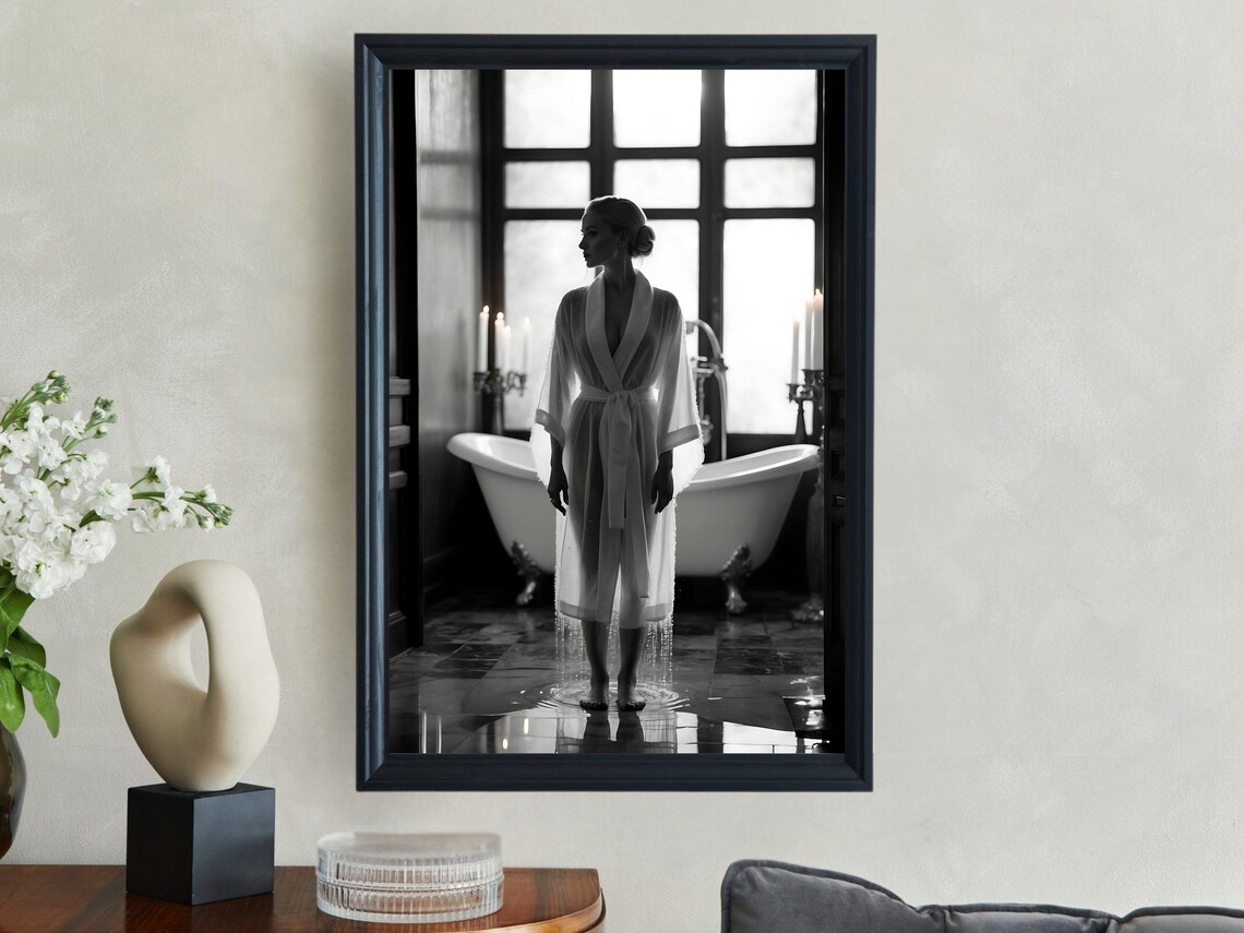 Woman in a Robe Standing in an Elegant Clawfoot Tub Bathroom Poster - Image 4