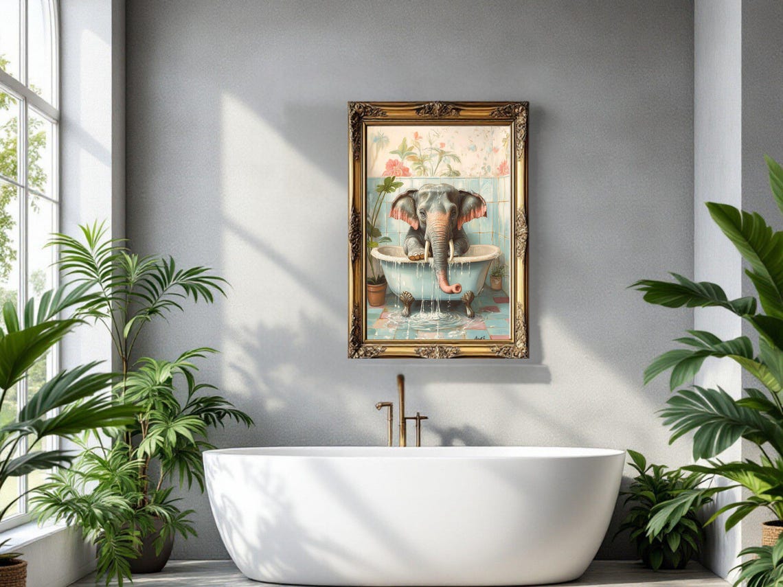Playful Elephant Splashing In Bathtub Whimsical Colorful Animal Poster - Image 3