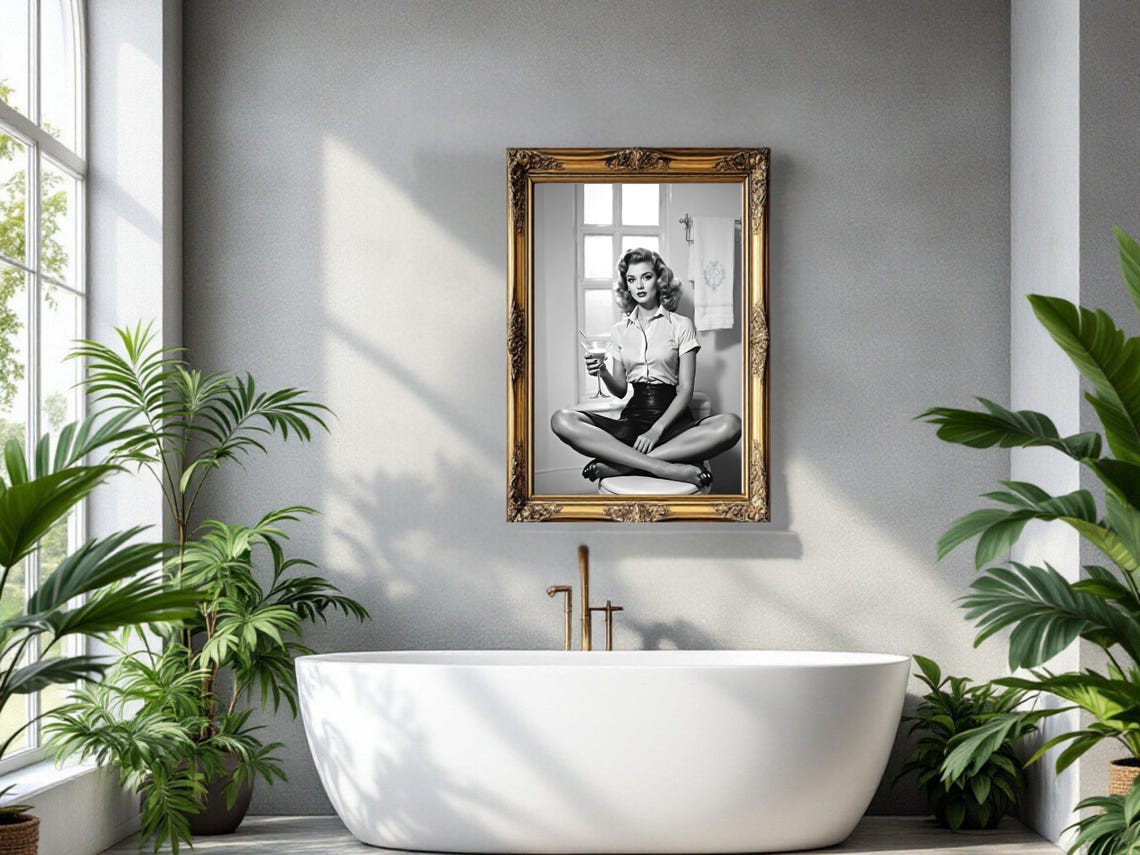 Retro Pin Up Woman With Martini Glass In Vintage Bathroom Poster - Image 2