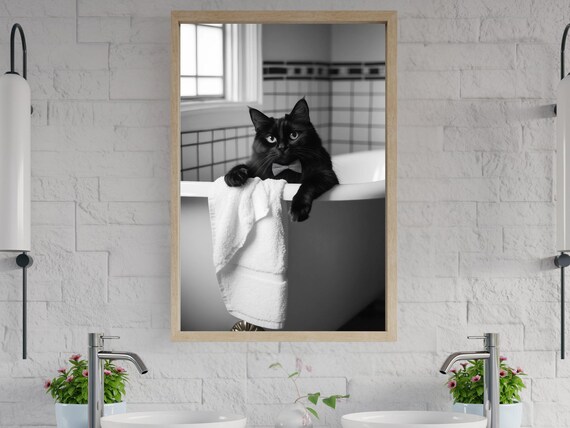 Dapper Black Cat with a Bow Tie Leaning Over a Bathtub Edge Poster