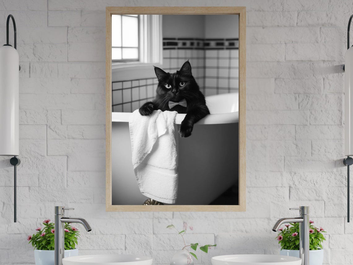 Dapper Black Cat with a Bow Tie Leaning Over a Bathtub Edge Poster