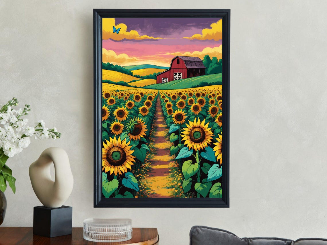 Sunflower Field Path Red Barn Golden Hour Farm Sunset Art Print