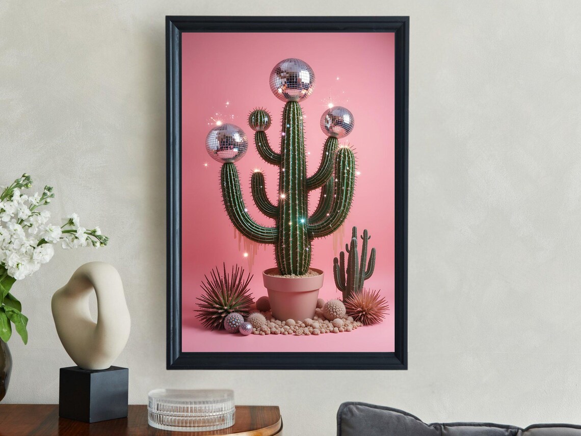 Potted Saguaro Cactus With Disco Ball Toppers Pink Plant Poster