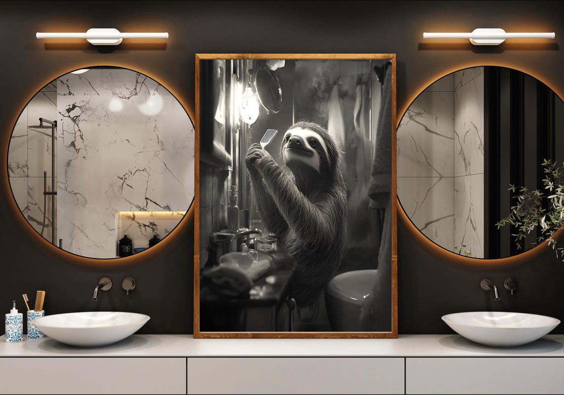 Sloth Brushing Its Teeth in a Vintage Bathroom Black and White Poster - Image 3