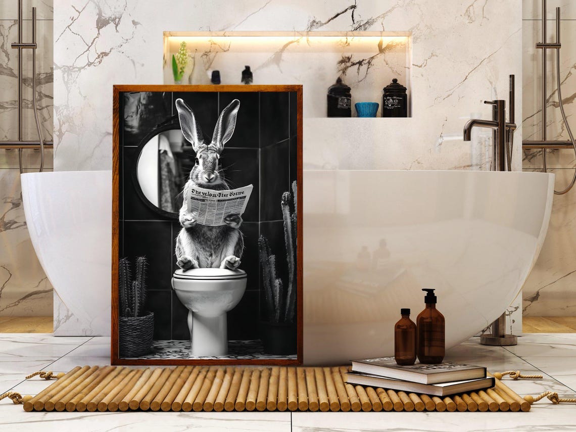 Rabbit Reading a Newspaper While Sitting on a White Toilet Poster - Image 5