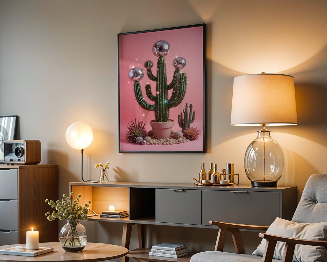 Potted Saguaro Cactus With Disco Ball Toppers Pink Plant Poster - Image 4