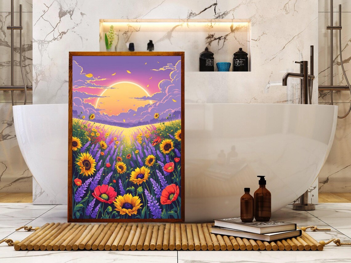 Sunset Over A Wildflower Meadow With Sunflowers And Lavender Poster - Image 5