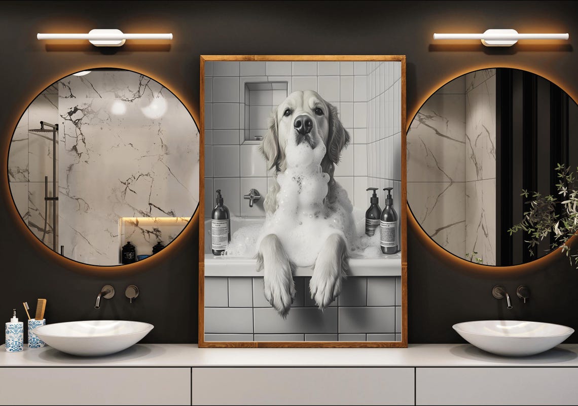 Golden Retriever Enjoying a Bubble Bath Black and White Dog Poster - Image 3