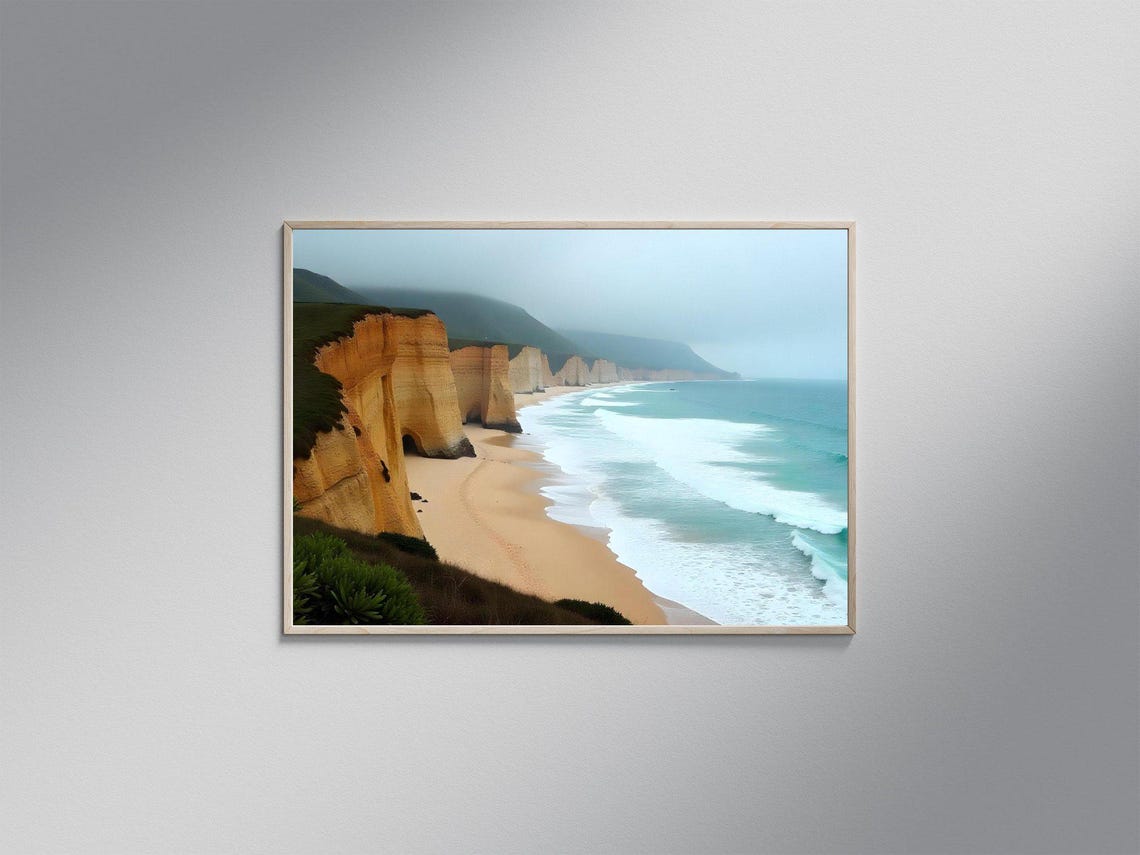Golden Chalk Cliffs Over a Sandy Beach with Turquoise Surf Poster