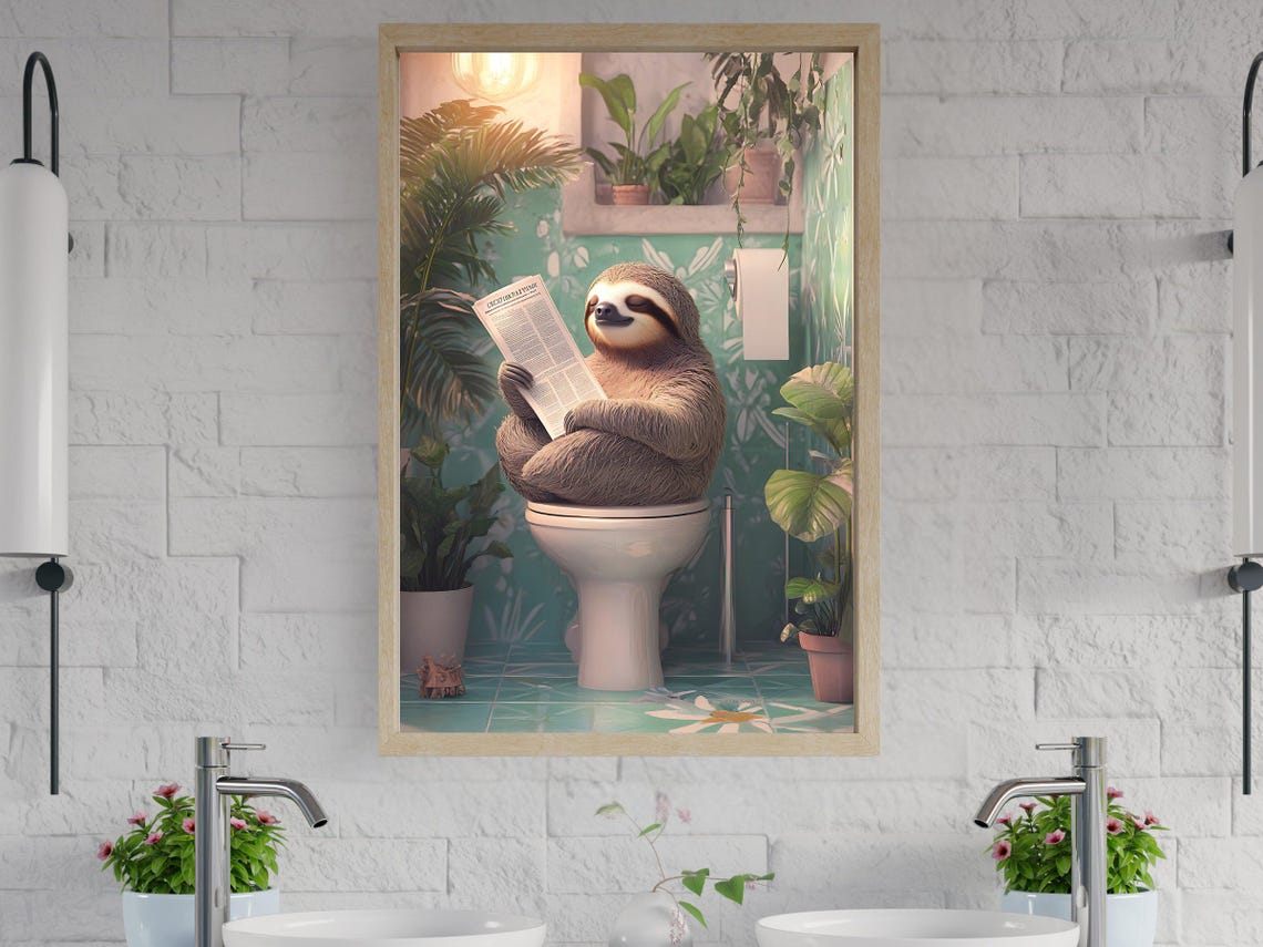 Relaxed Sloth Reading Newspaper on Toilet in Tropical Bathroom Poster