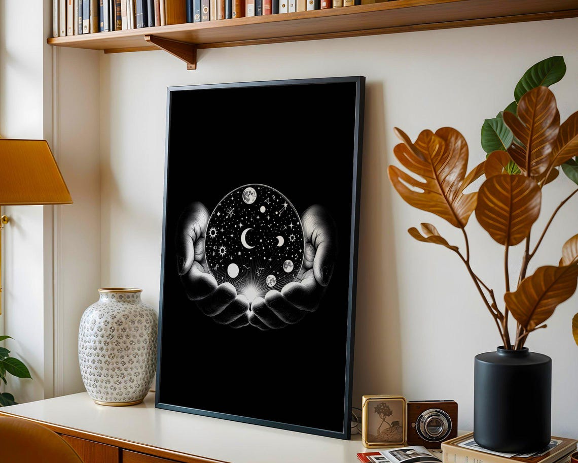 Mystical Hands Holding Universe Wall Art Cosmic Celestial Illustration Moon And Stars Print Unique Spiritual Home Decor - Image 2