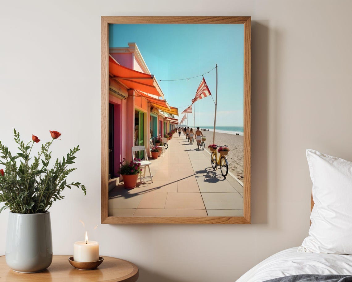 Colorful Seaside Boardwalk Promenade With Flags and Bicycles Poster