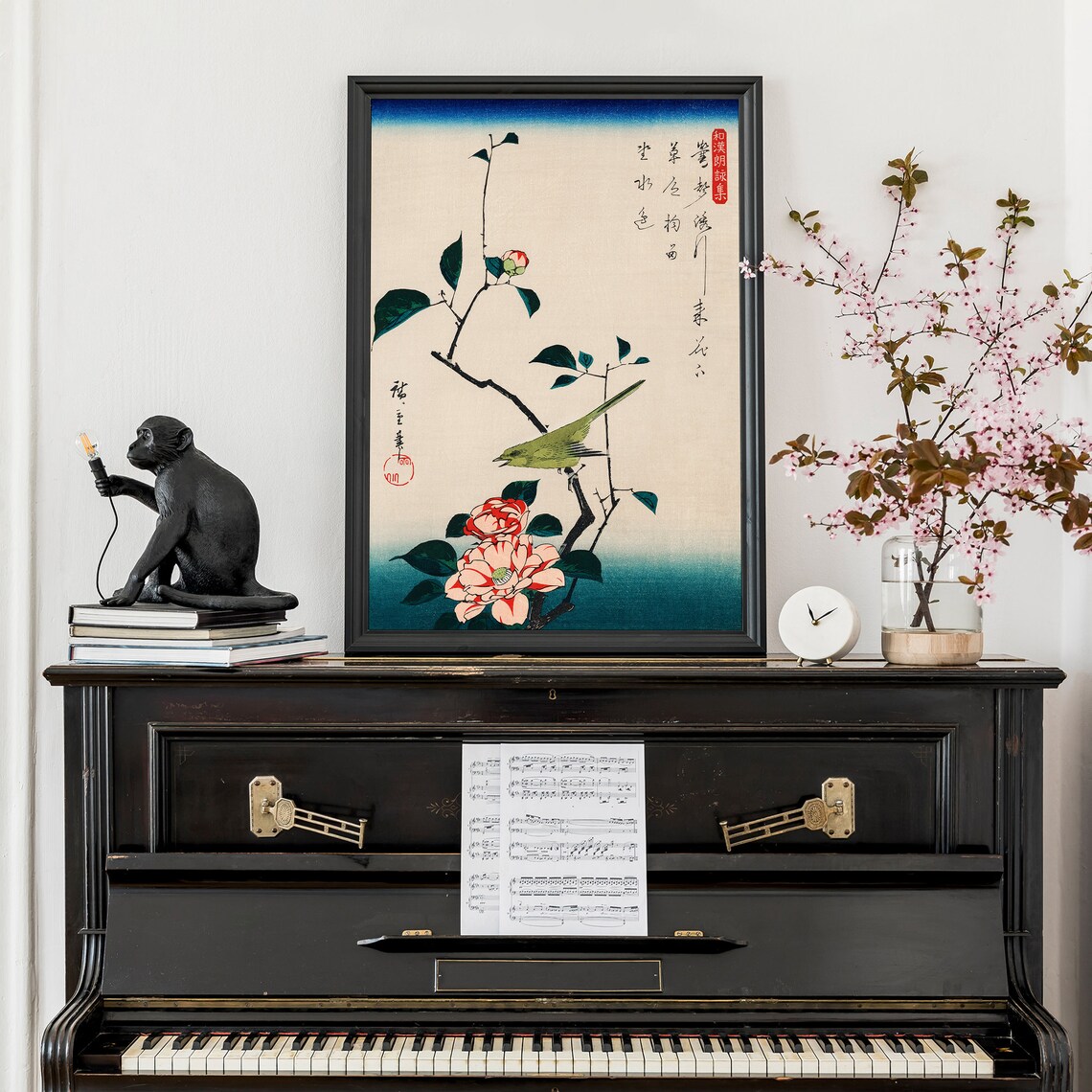 Hiroshige Green Bird On Striped Camellia Blossom Woodblock Poster - Image 2