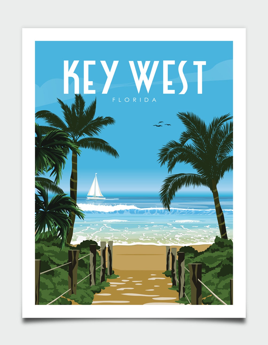 Key West Florida Palm Trees Sailboat Beach Retro Travel Poster - Image 4