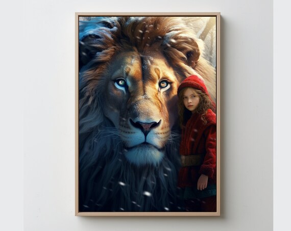 Majestic Lion and Girl Red Coat Winter Fantasy Snow Art Poster