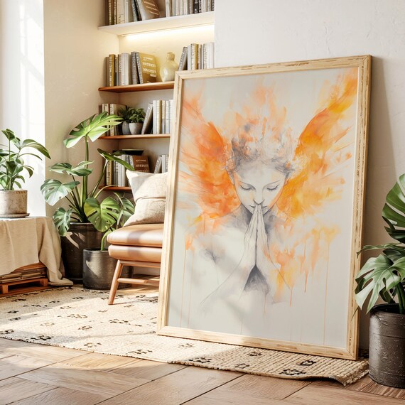 Praying Angel Fiery Orange Wings Watercolor Spiritual Faith Poster