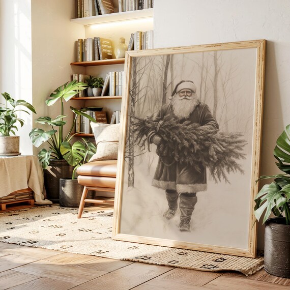 Vintage Santa Claus Sepia Christmas Forest Scene