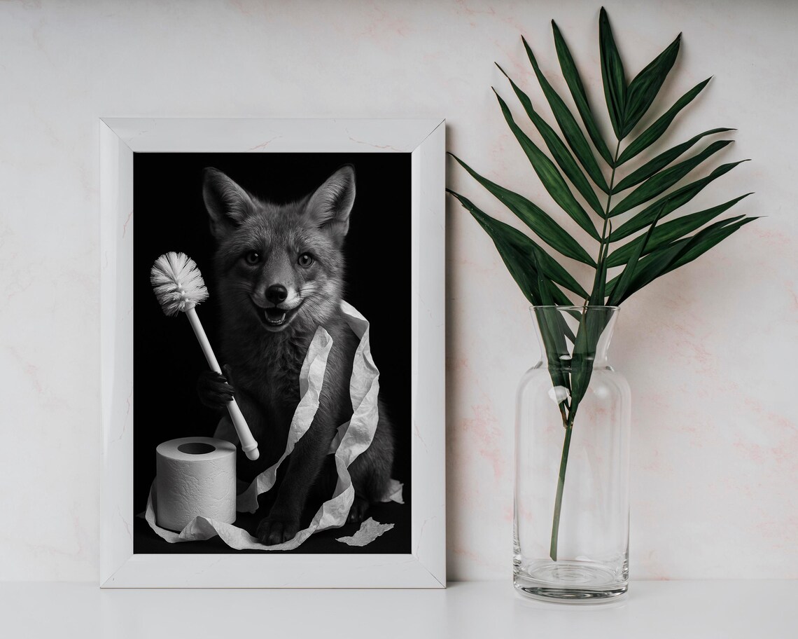 Fox With Toilet Paper Bathroom Humor Funny Black and White Poster