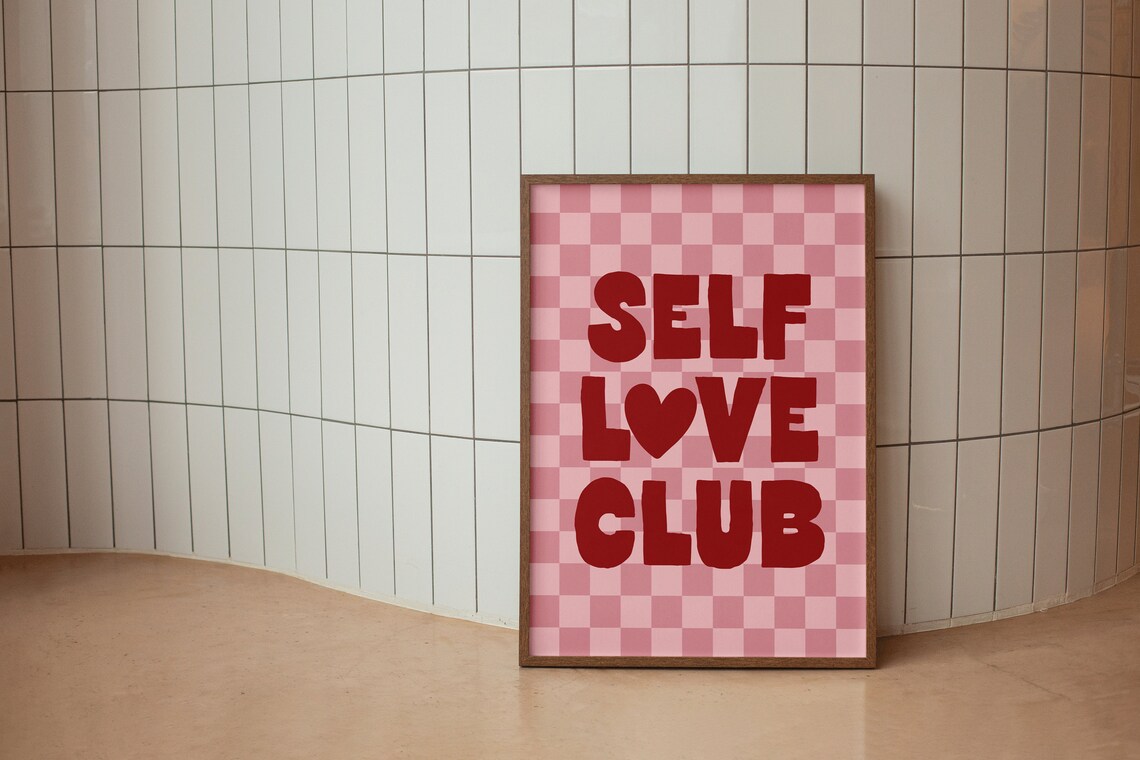 Self Love Club Art Print Pink And Red Preppy Apartment Art Poster Daily Reminders Bedroom Checkered Art Dorm Decor Mental Health Decor - Image 2