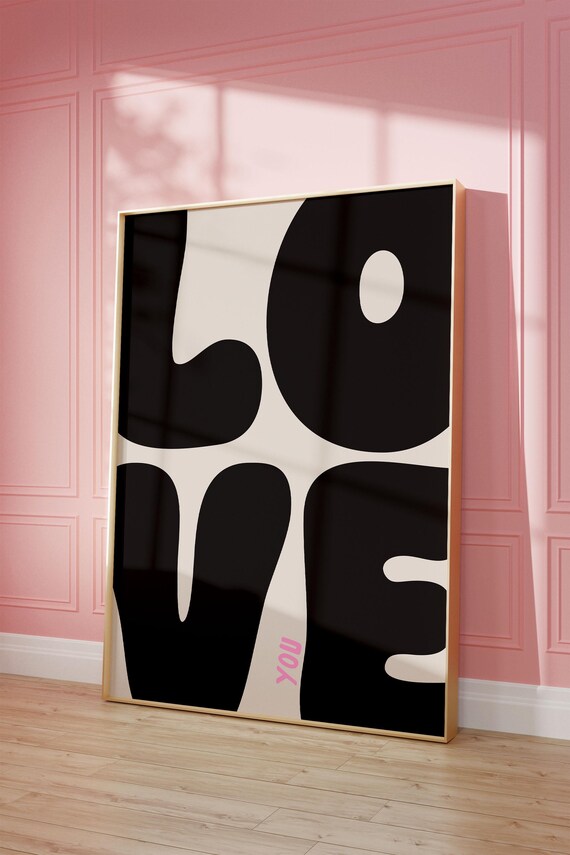 Love You Art Print Bold Retro Black And Pink Cool Apartment Boho Living Room Wall Decor Positive Above Bedroom