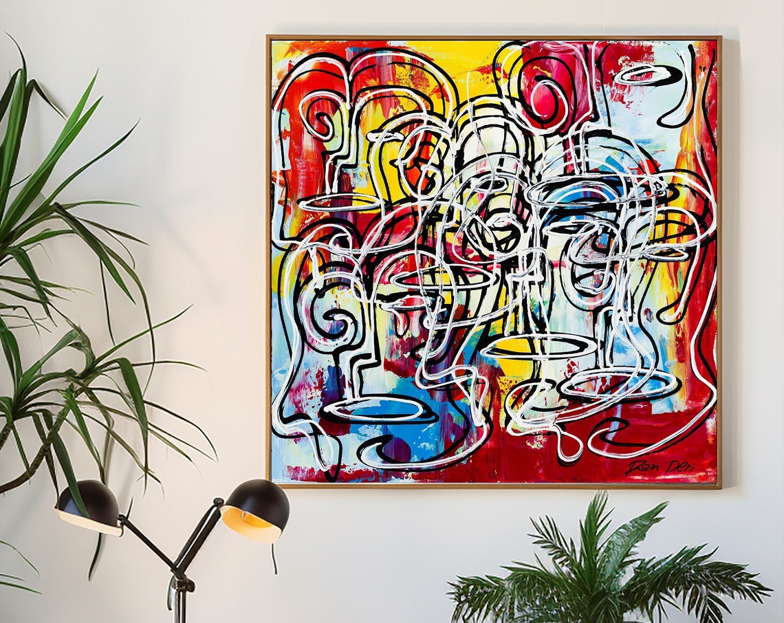 Vibrant Scribble Faces on Red Yellow Blue Patchwork Modern Poster - Image 5