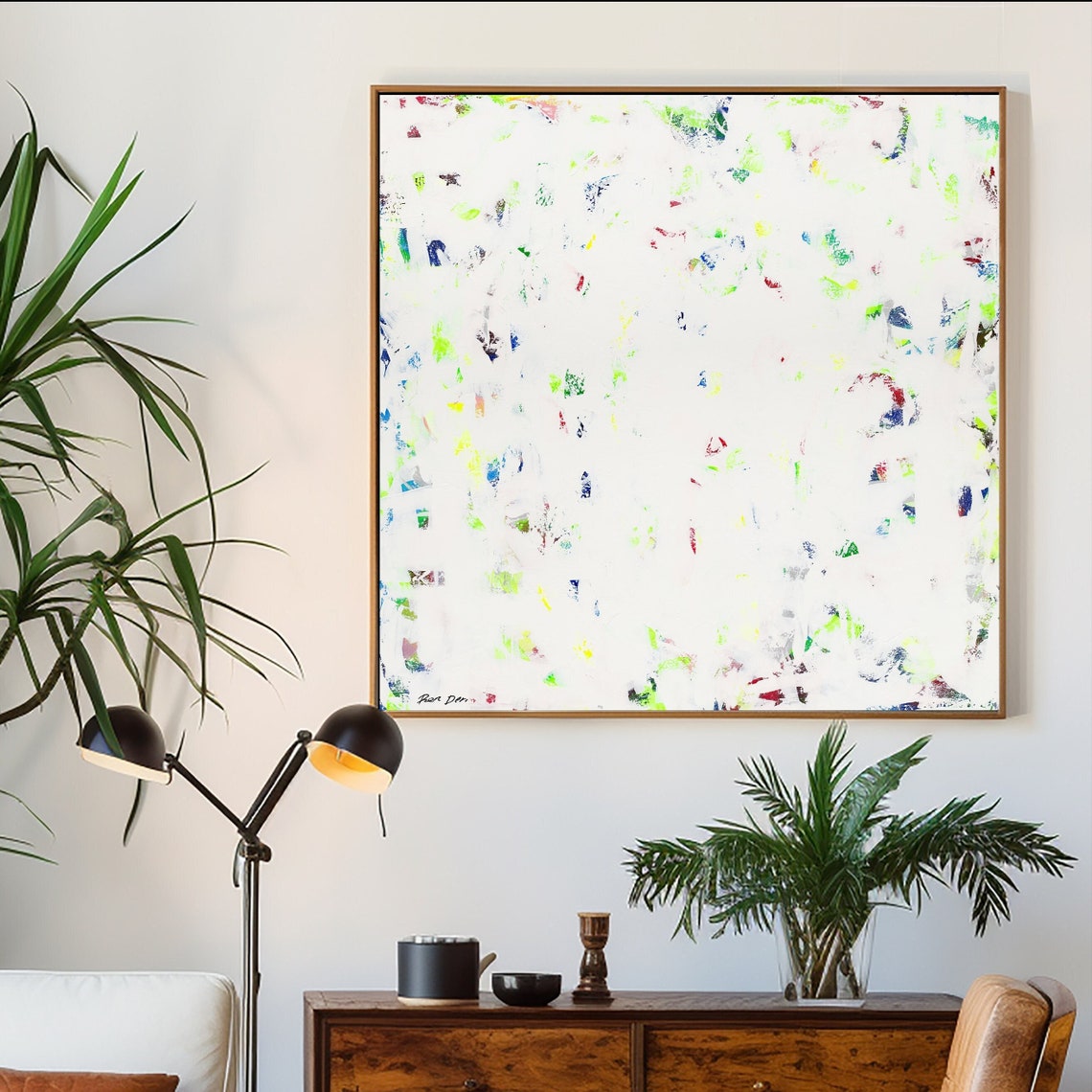 White Minimalist Abstract with Scattered Neon Color Flecks Poster - Image 5