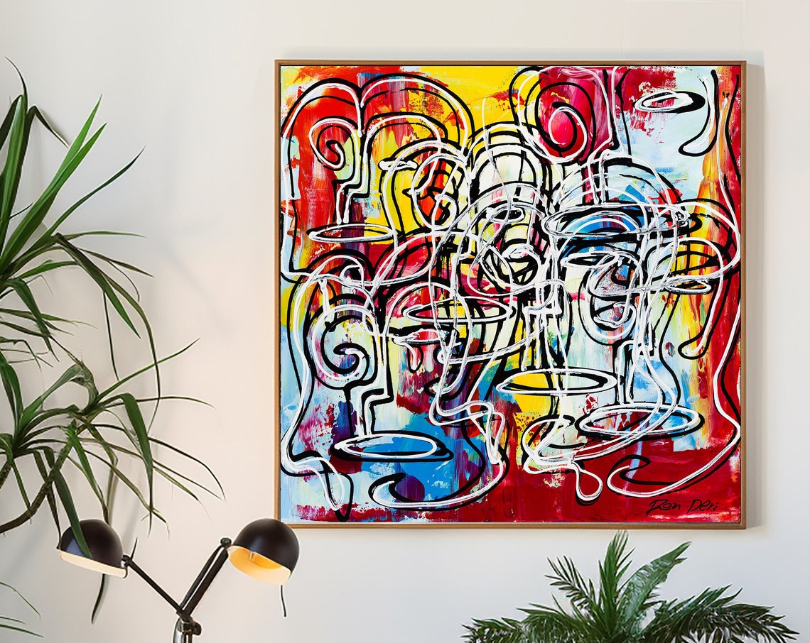 Red Yellow Tangled Face Lines Energetic Doodle Abstract Art Poster - Image 4