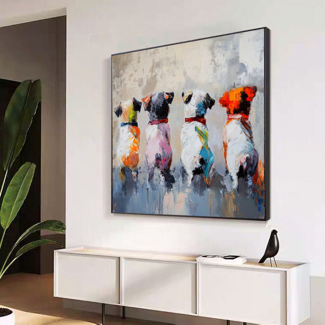 Four Colorful Dogs Sitting Together Playful Pet Portrait Poster - Image 3