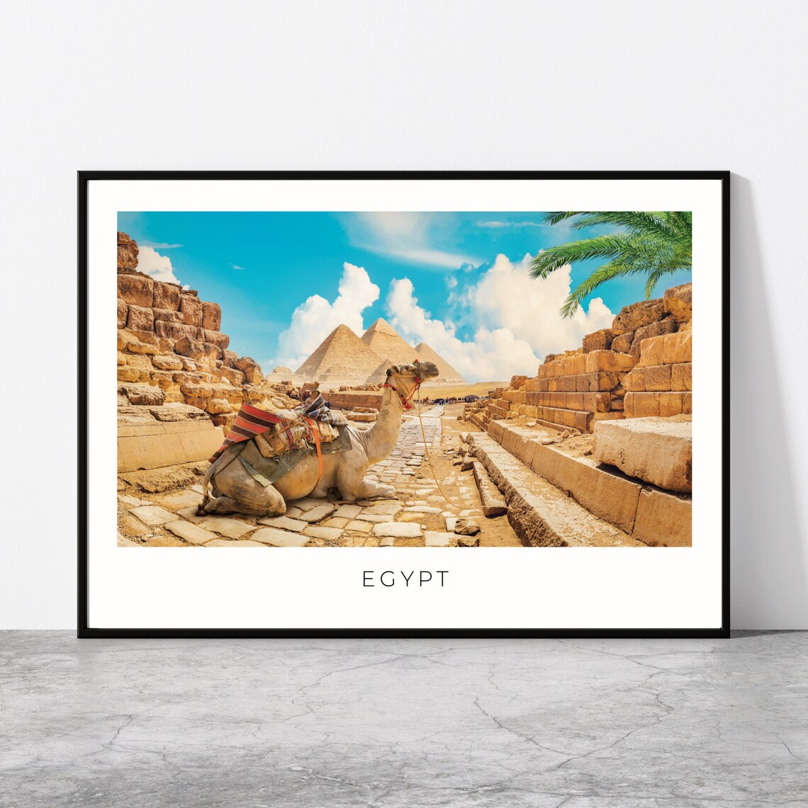 Egypt Travel Poster, Camel and Pyramids Landscape