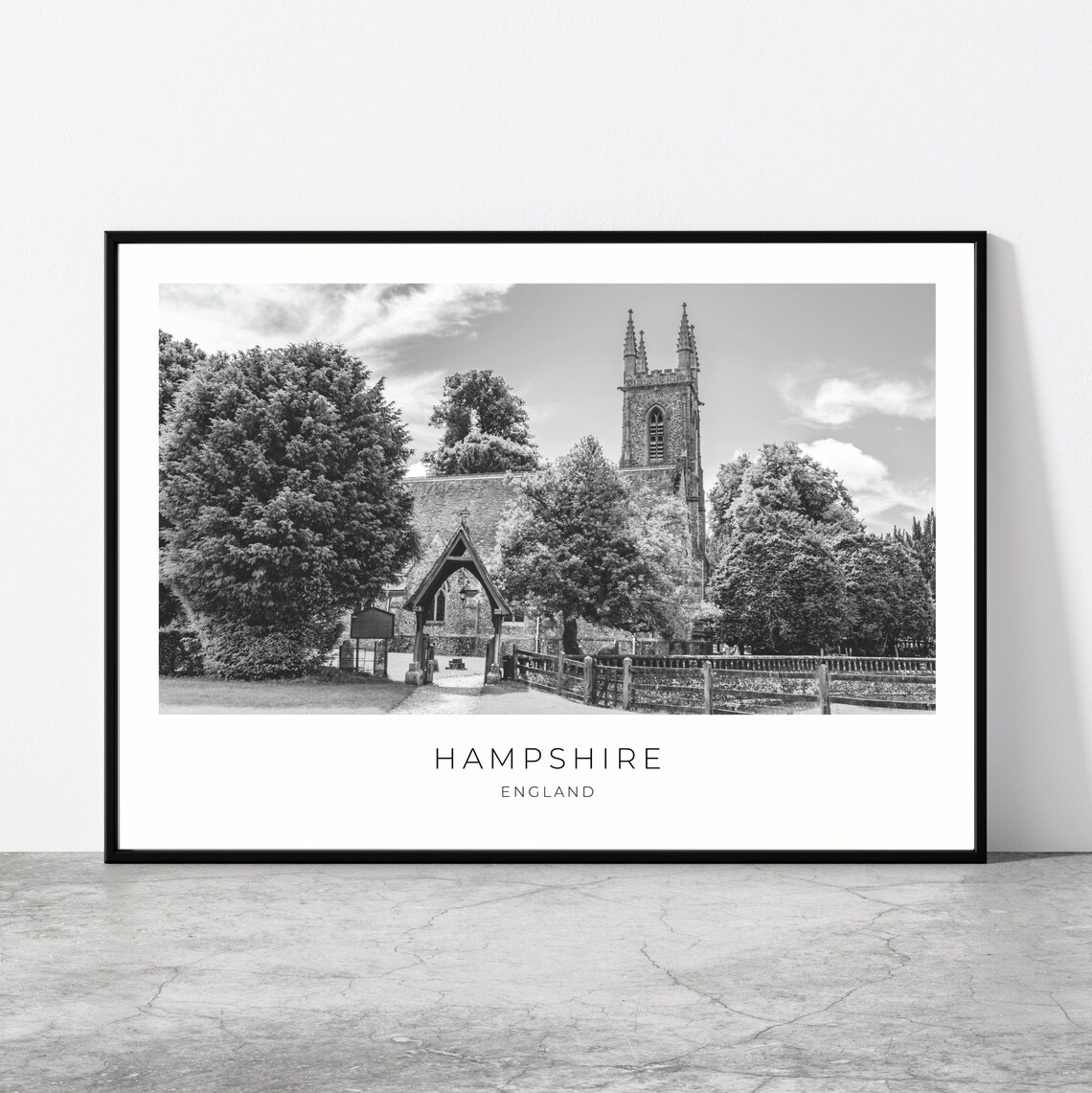 Hampshire England Black and White Historic Church Countryside Photo Poster