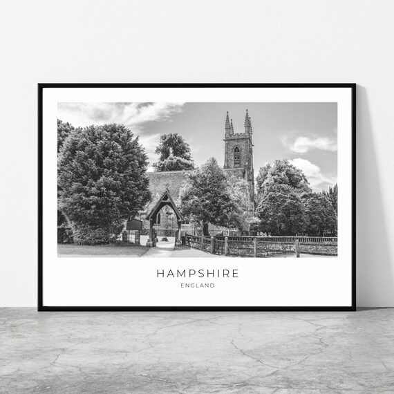 Hampshire England Black and White Historic Church Countryside Photo Poster