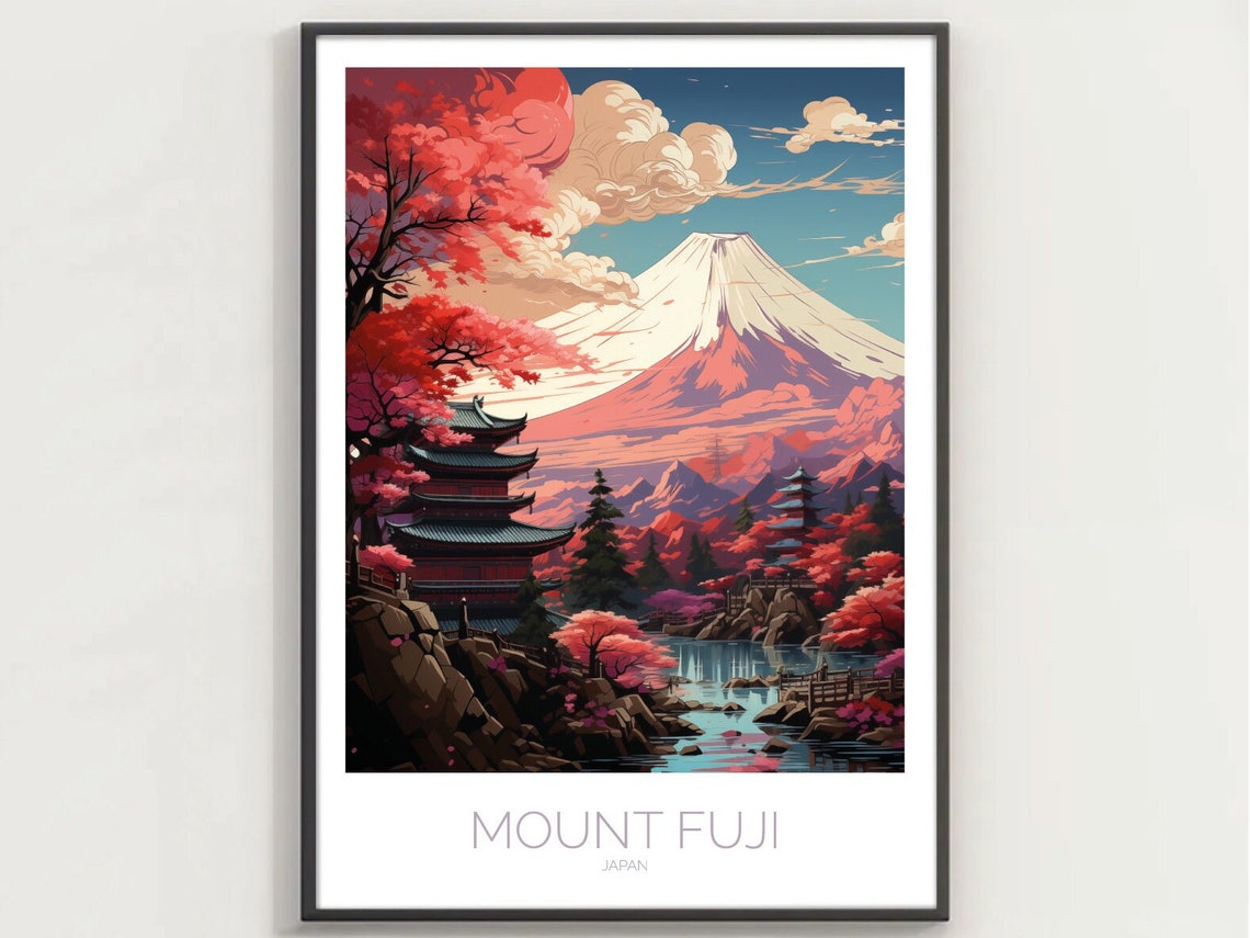 Mount Fuji Pagoda Cherry Blossom Red Sunset Japan Travel Poster
