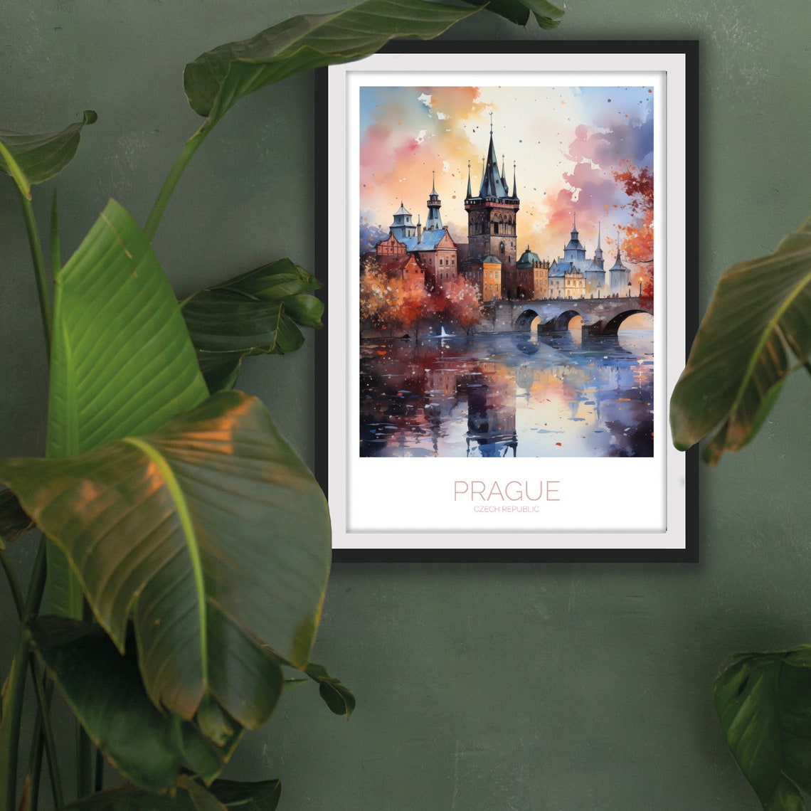 Prague Czech Republic Charles Bridge Watercolor Evening Poster - Image 2