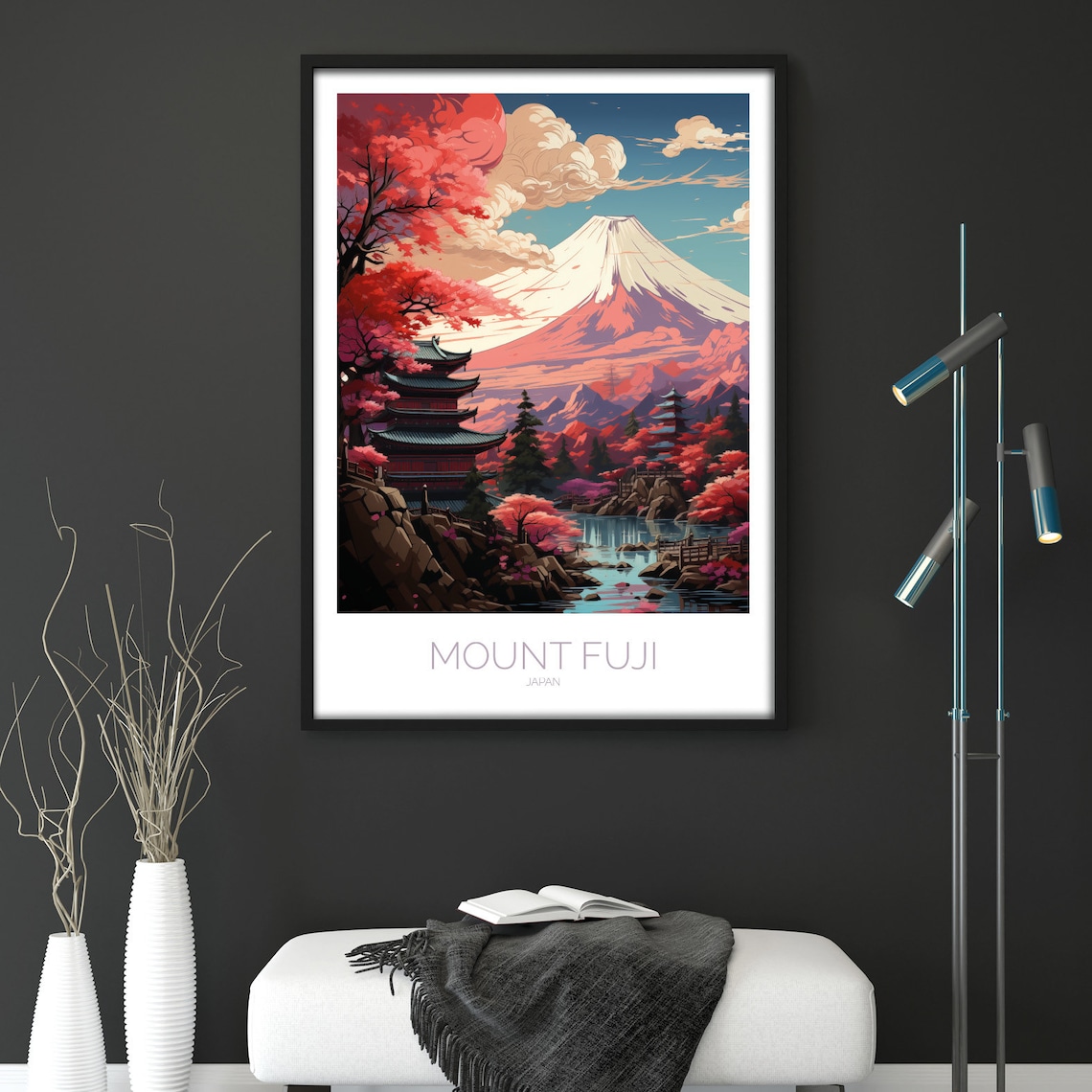 Mount Fuji Pagoda Cherry Blossom Red Sunset Japan Travel Poster - Image 3