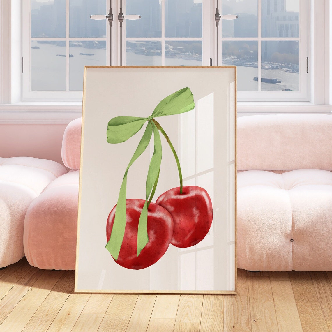Green Bow Tied Cherries Watercolor Coquette Girly Decor Poster - Image 4