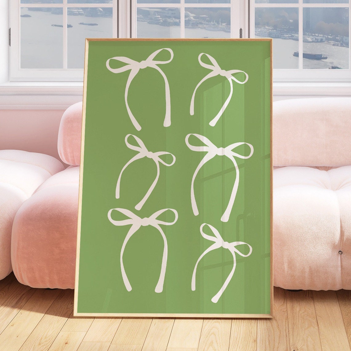 Six White Bows On Sage Green Coquette Balletcore Decor Poster