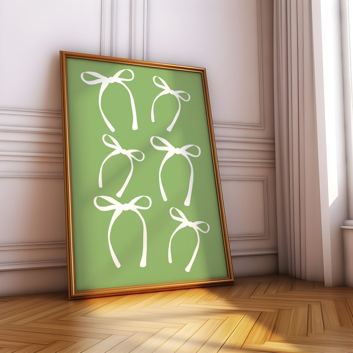 Six White Bows On Sage Green Coquette Balletcore Decor Poster - Image 3