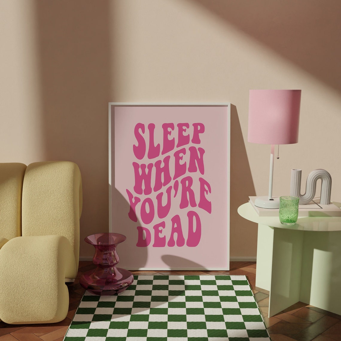 Sleep When Youre Dead Pink Retro Wavy Typography Quote Wall Art - Image 5