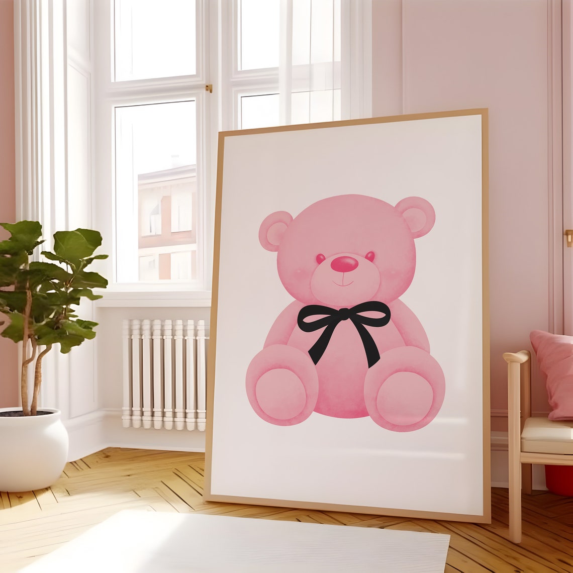 Pink Teddy Bear With Black Bow Cute Coquette Nursery Wall Art - Image 5
