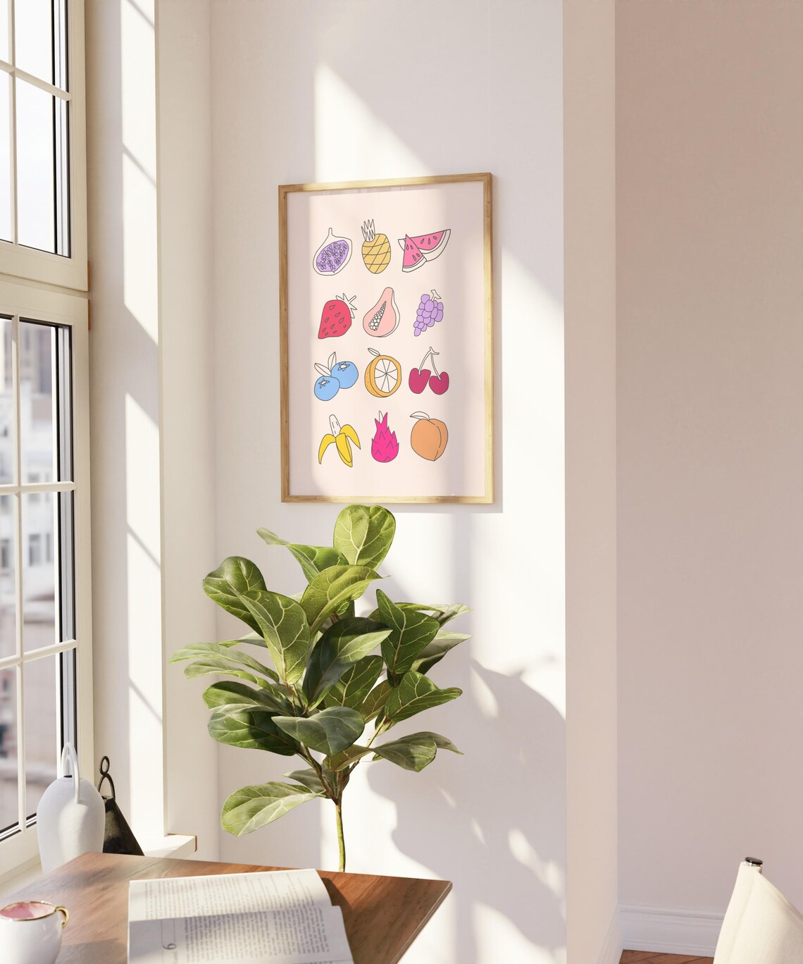 Fruits Kitchen Art Print, Cute Pink Kitchen Decor