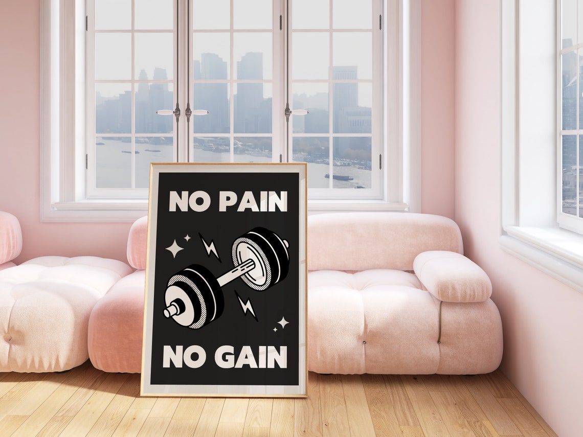 No Pain No Gain Dumbbell Black Bold Gym Motivation Workout Poster - Image 2