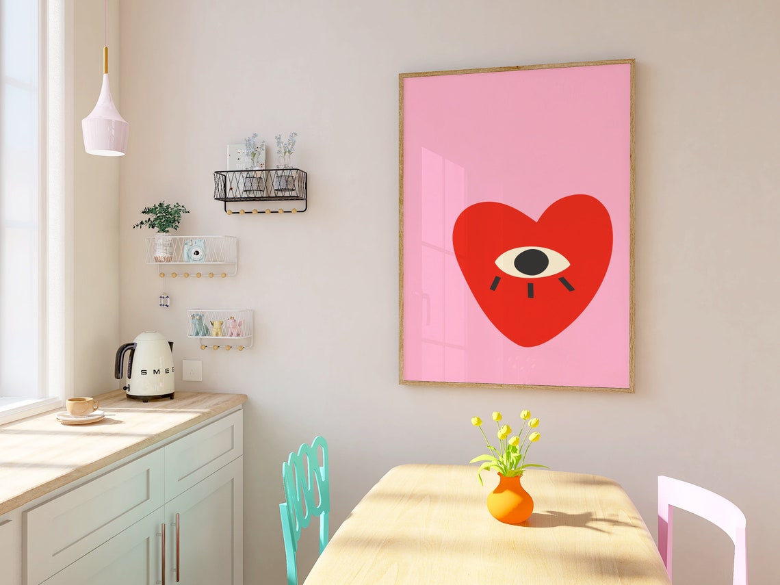 Red Heart Evil Eye Pink Modern Minimalist Love Graphic Wall Art - Image 3