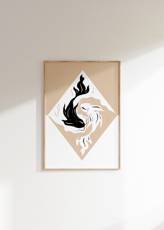 Ying Yang Koi Fish Wall Art Zen Wall Art Black Cream Calming Print Japanese Living Room Decor Minimalist Dorm Room Poster