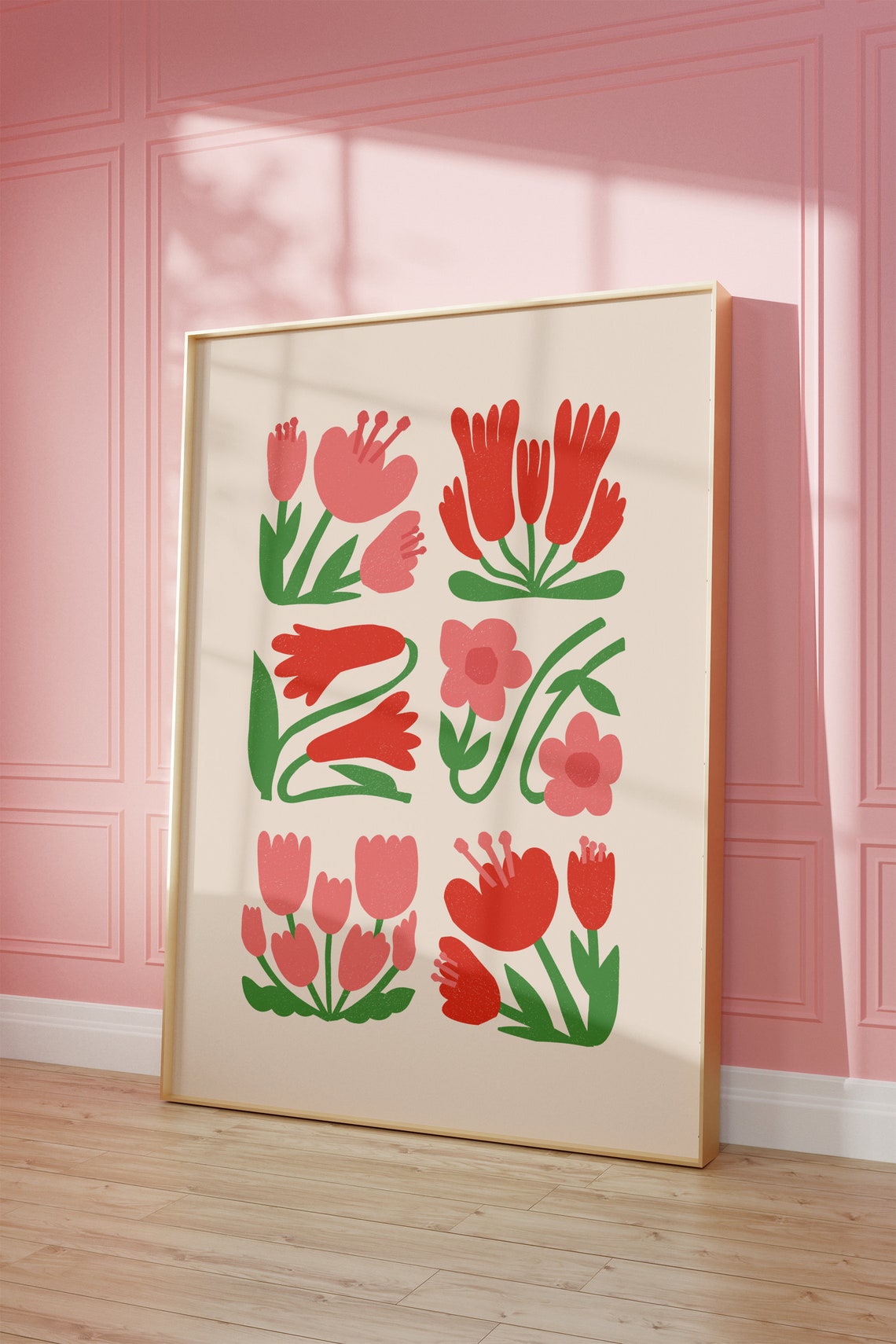 Pink Red Funky Flower Grid Danish Pastel Botanical Art Poster - Image 3