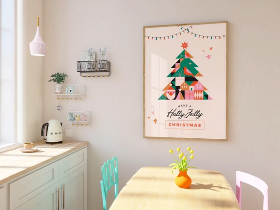 Trendy Pink Christmas Print Holly Jolly Christmas Winter Poster Minimalist Christmas Tree Girly Wall Art Cute Festive Print