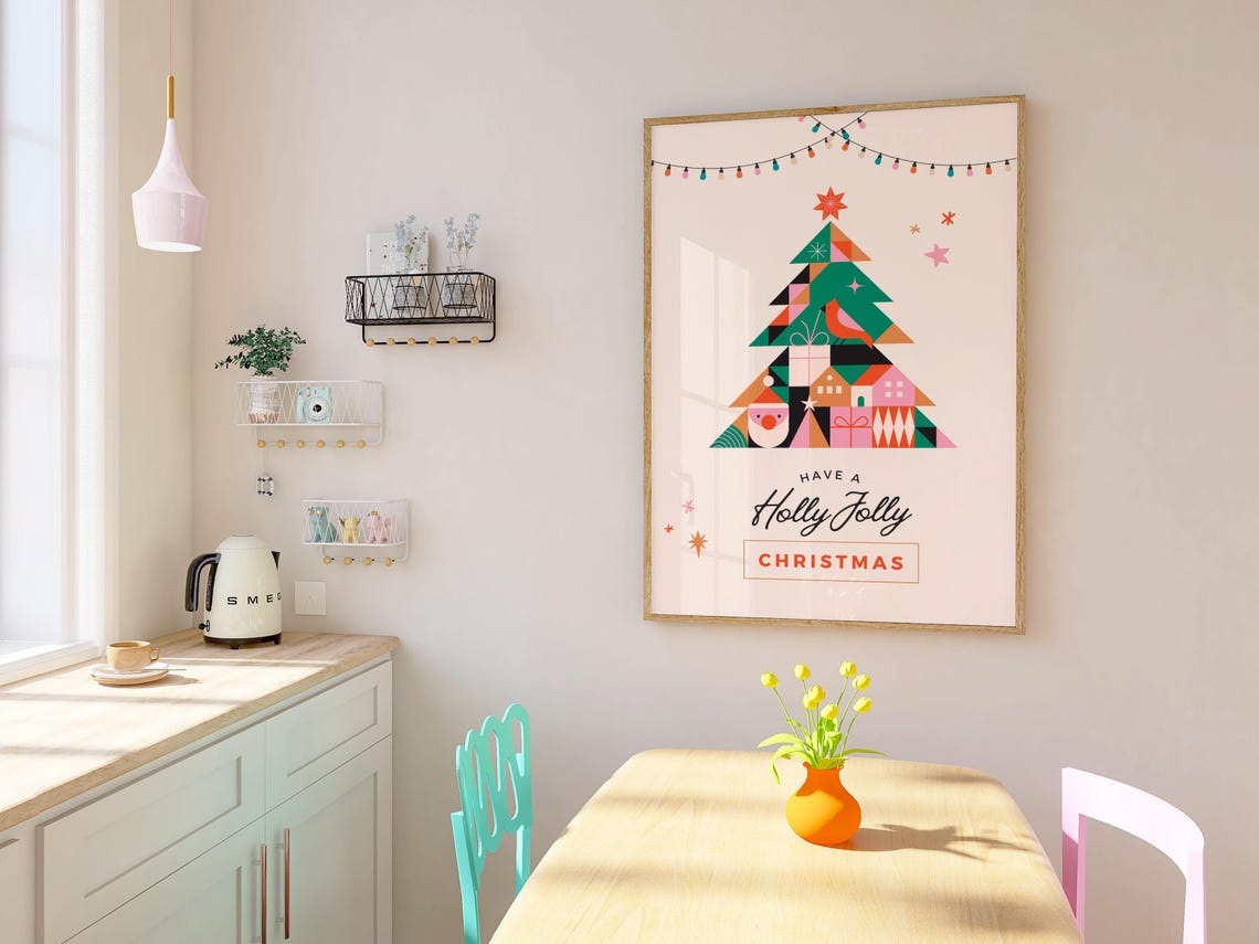 Cute Pink Have A Holly Jolly Christmas Geometric Tree Holiday Poster