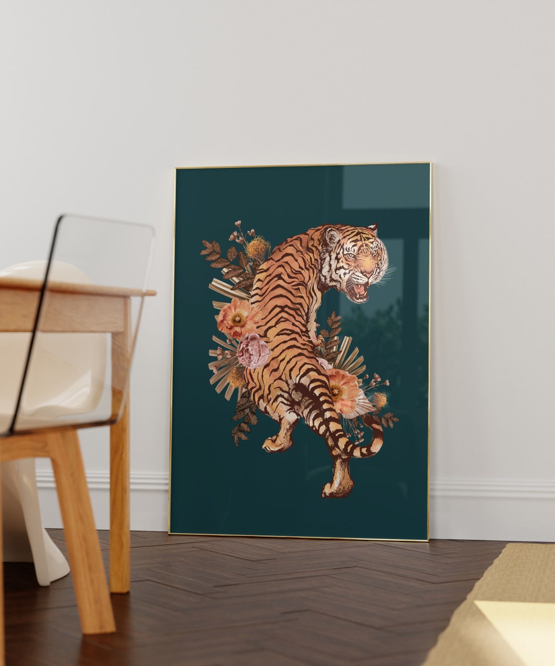 Fierce Roaring Tiger Among Florals Emerald Green Jungle Art Print - Image 3