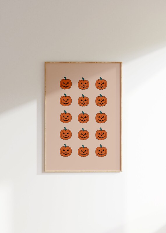 Pumpkin Print Fall Decor Jack O Lantern Autumnal Wall Decor Retro Art Cute Pumpkin Pattern Wall Art Modern Fall Room Decor