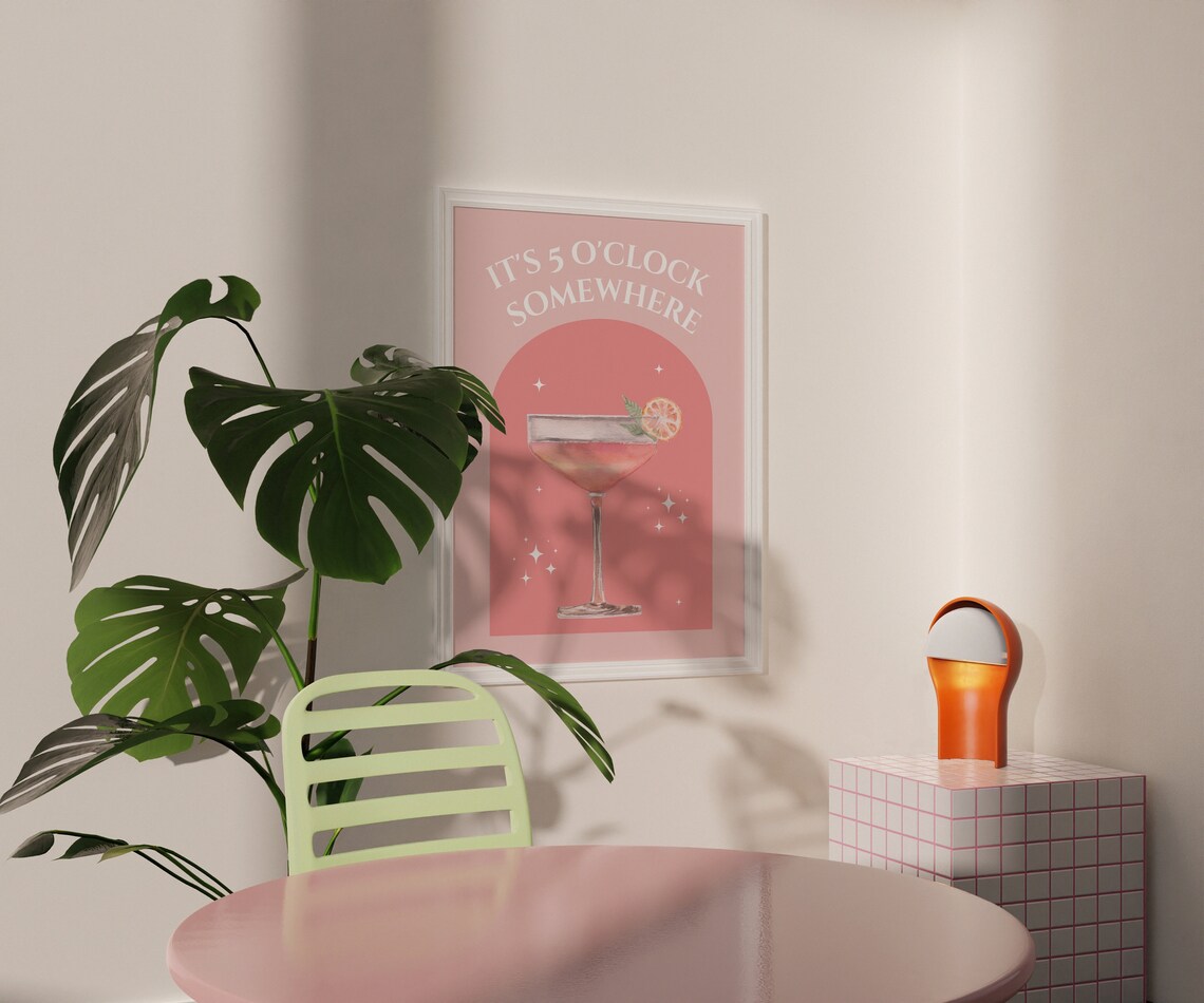 Blush Pink Bar Cart Cocktail Poster, Minimalist Watercolor - Image 2